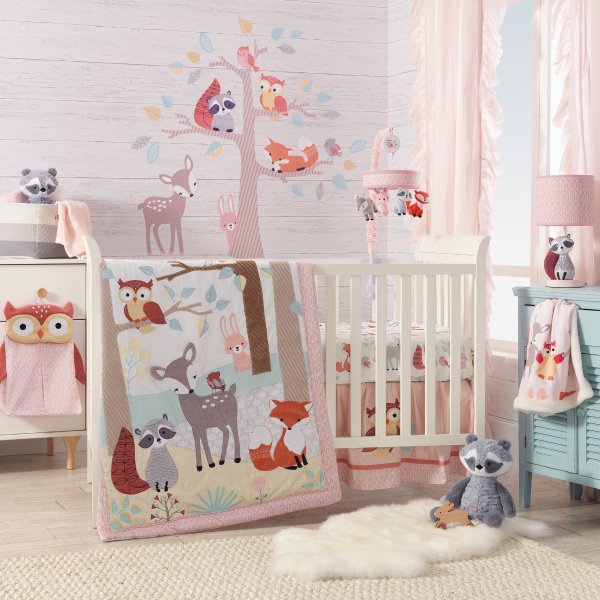 Little Woodland 4-Piece Crib Bedding Set - White, Coral, Animals
