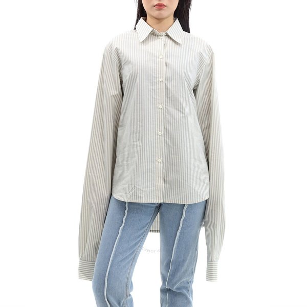 MM6 Ladies Ecru / Light Blue Striped Oversized Cotton Shirt