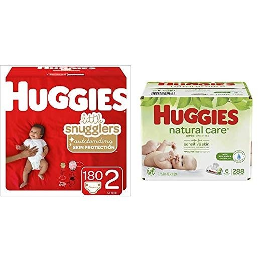 Brand Bundle –Little Snugglers Baby Diapers, Size 2, 180 Ct &Natural Care Unscented Baby Wipes, Sensitive, 6 Disposable Flip-Top Packs - 288 Total Wipes (Packaging May Vary)