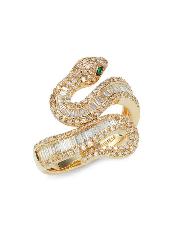 14K Yellow Gold, Diamond & Emerald Snake Ring/Size 7