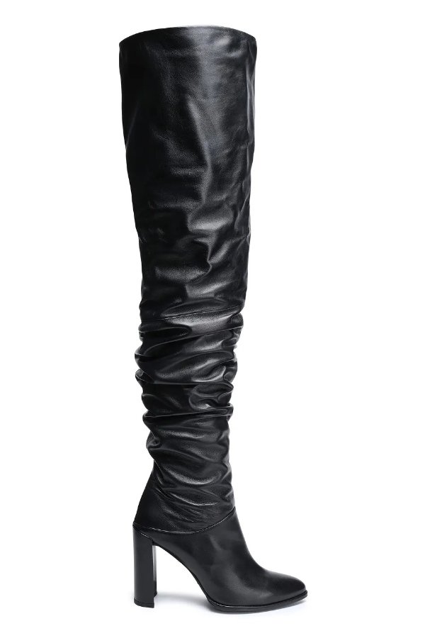 Gathered leather thigh boots