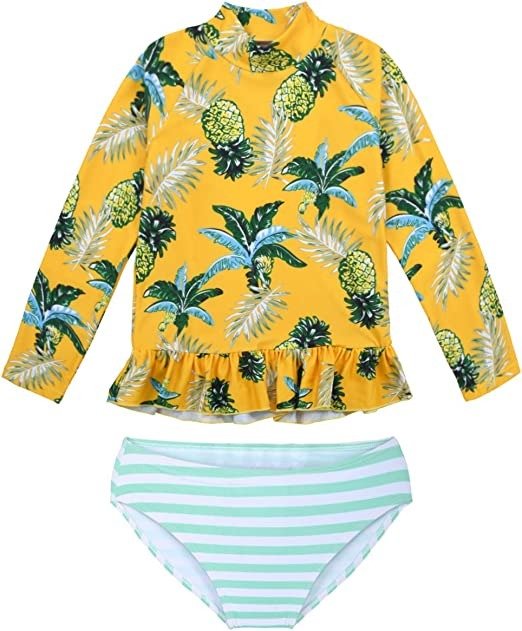 Hilor Girl's Two Piece Swimsuits Long Sleeves Rashguard UPF 50+ Tankini Set Bathing Suits