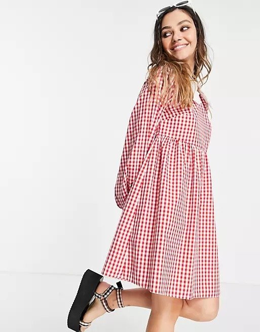 mini dress with puff sleeves in red gingham with contrast frill collar