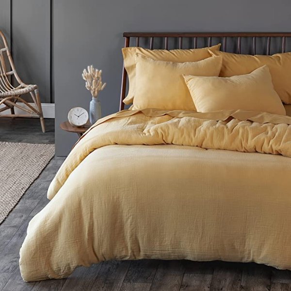 Welhome Classic Gauze Cotton King Duvet Cover - 3 Piece Set | 1 Yellow Duvet Cover - 2 Pillow Shams | Lightweight King Bedding Set | Apartment Essential | Funda de Edredon | Dyne