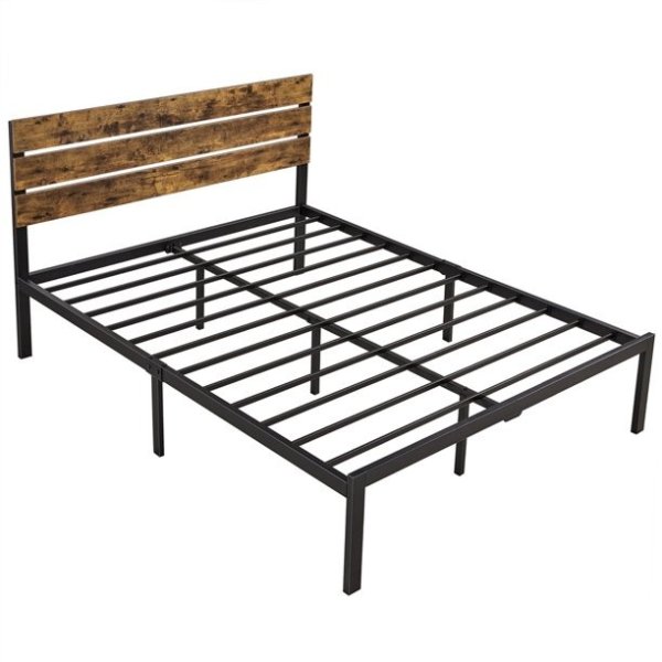Platform Metal Queen Bed with Wooden Headboard