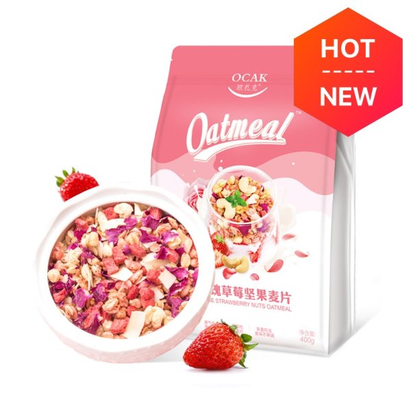 欧扎克 玫瑰草莓坚果 干吃零食 水果谷物冲饮代餐燕麦片 400g