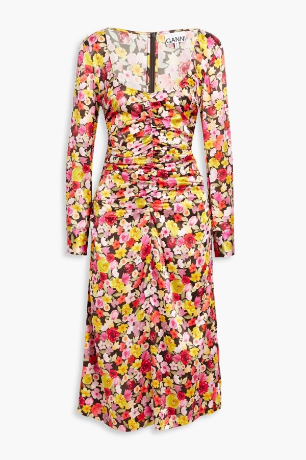 Ruched floral-print silk-blend midi dress