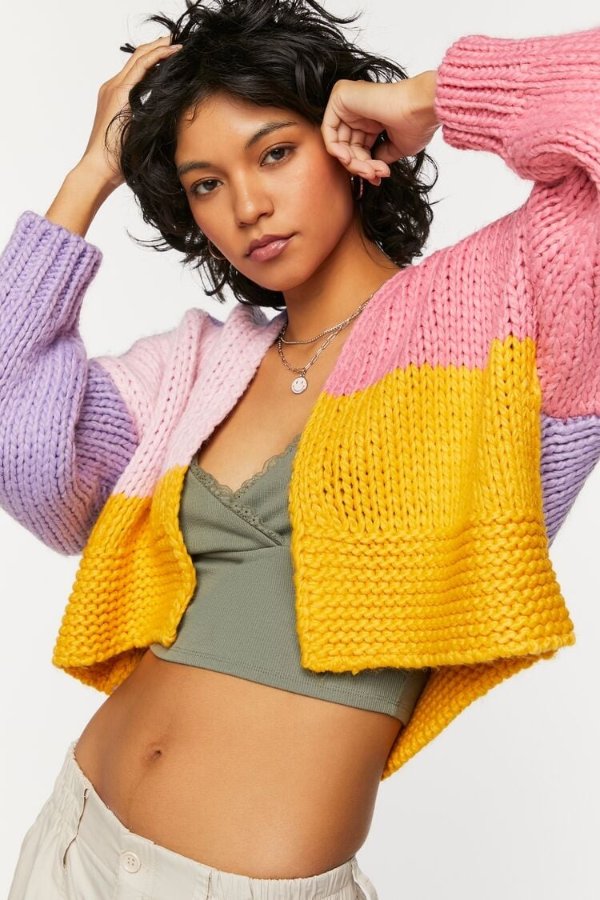 Cropped Colorblock Cardigan Sweater