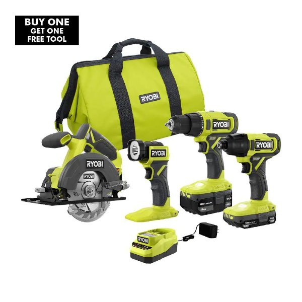 RYOBI ONE+ 18V Cordless 4-Tool Combo Kit with 1.5 Ah Battery, 4.0 Ah Battery, and Charger