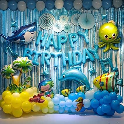 Ocean Theme Birthday Party Decorations,Shark Birthday Decorations for Boys - Under the Sea Party Include Sea Animal Balloons,HAPPY BIRTHDAY Banner,Navy Blue Hanging Paper Fans,Latex Balloon（88 Pack）