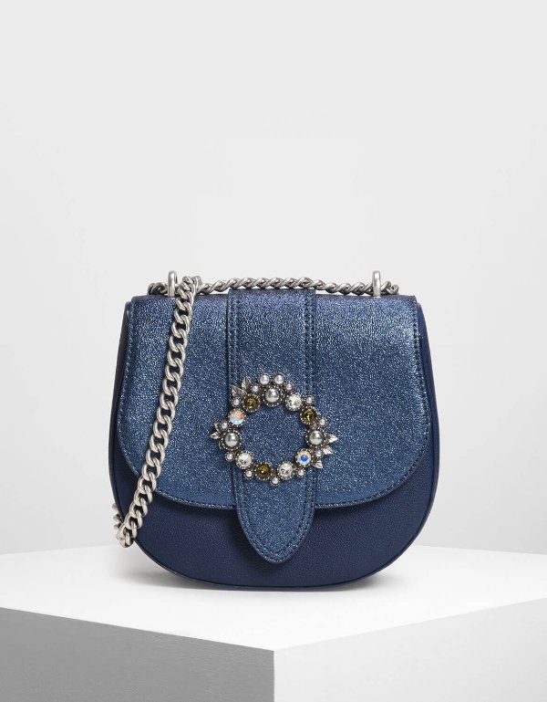Blue Gem Embellished Buckle Crossbody Bag | CHARLES & KEITH