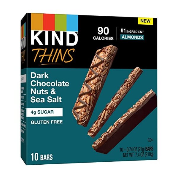 KIND Bar Thins, Dark Chocolate Nuts and Sea Salt, Gluten Free, 100 Calorie, 60 Count