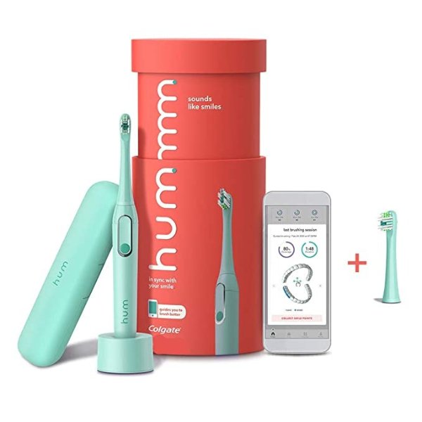 hum by Colgate Smart Electric Toothbrush Kit, Rechargeable Sonic Toothbrush with Travel Case and Replacement Head, Teal
