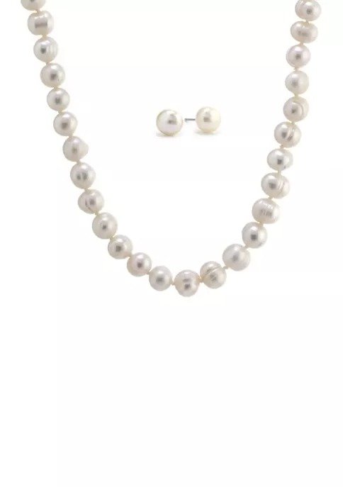 Boxed Sterling Silver 7 Millimeter Pearl Stud Earrings and 16 Inch Pearl Necklace Set