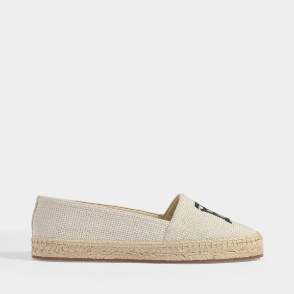 Tabitha Embroidered Espadrilles in Off-White and Black Cotton