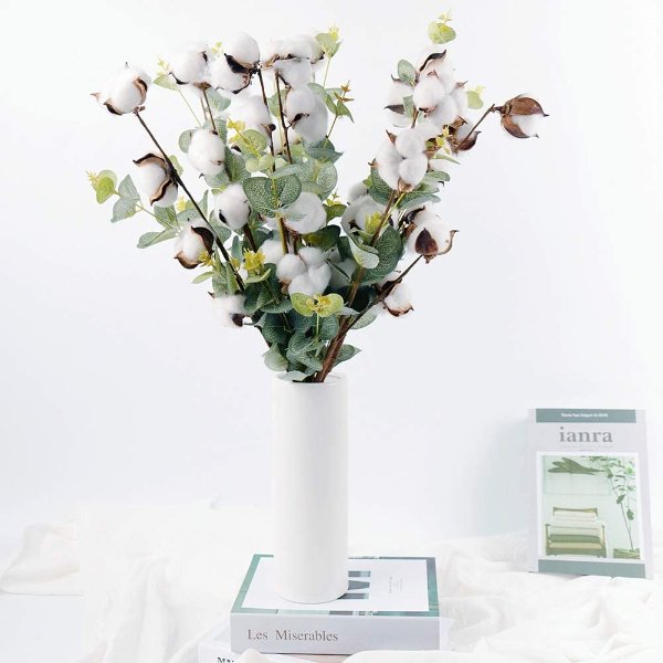 DEEMEI 6pcs Cotton Stems with Eucalyptus Leaves Blooms Dried Flowers