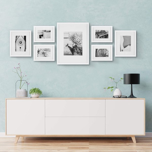 Photo Kit with Decorative Art Prints & Hanging Template Gallery Wall Frame Set, 7 Piece, White, 7 Piece