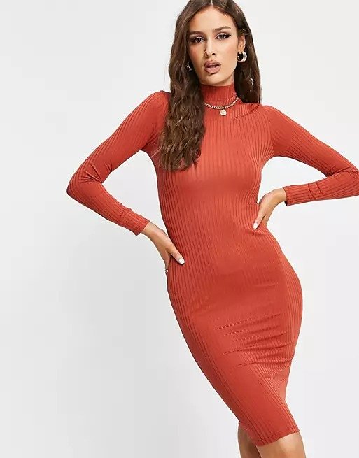 basic ribbed roll neck long sleeve dress in rust