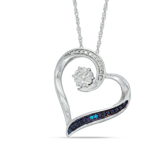 Enhanced Blue and White Diamond Accent Tilted Heart Pendant in Sterling Silver|Zales