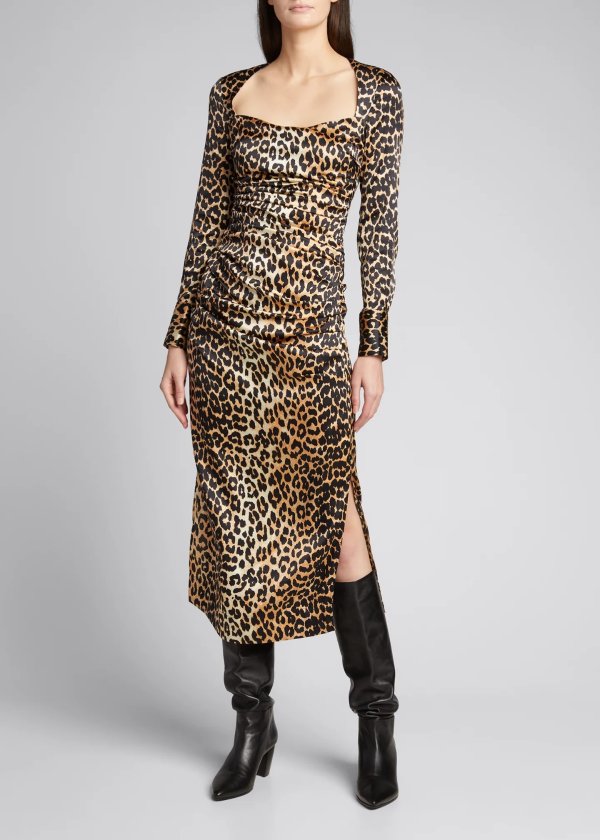 Leopard Print Ruched Satin Maxi Dress