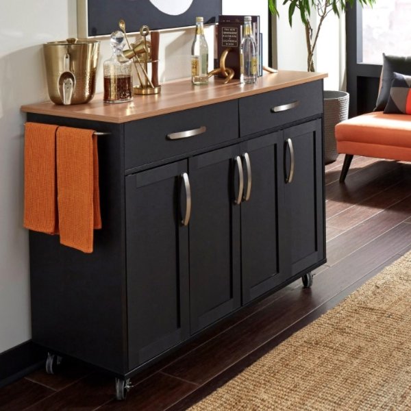 Brookshire Black Kitchen Cart with Natural Wood Top