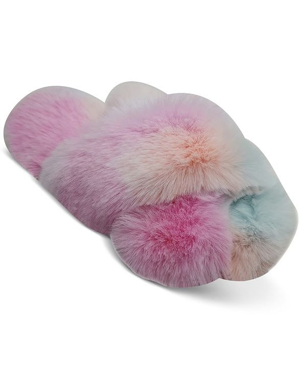Women's Tie-Dyed Faux-Fur Crossband Slippers, Created for Macy's