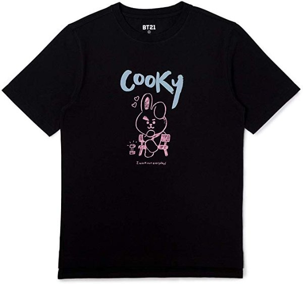 BT21 Official Merchandise Cooky Character Unisex Doodling Lettering Artwork Graphic T-Shirt, Large, Black