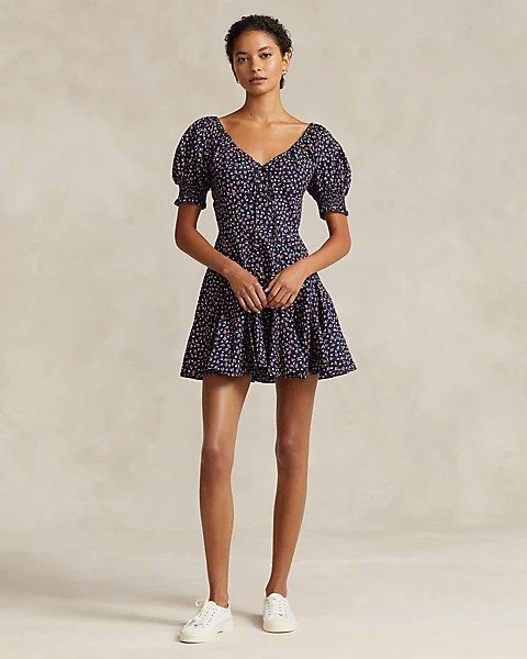 Floral Puffed-Sleeve Cotton Dress