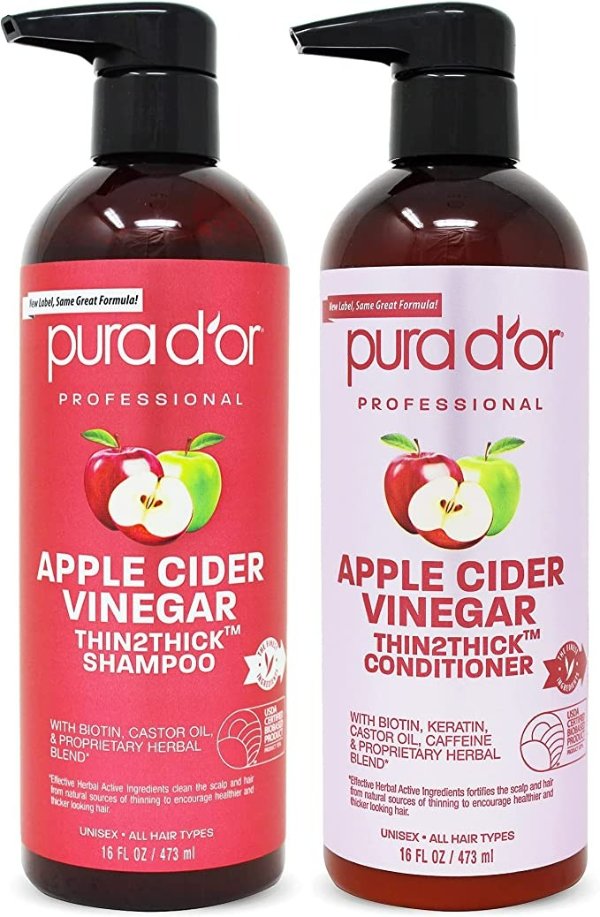 金标 Apple Cider Vinegar Thin2Thick Set (473ml x 2) ACV 洗发水和护发素，澄清，排毒，生物素，角蛋白，咖啡因，蓖麻油，芦荟，适合所有发质，男性和女性（包装可能有所不同）