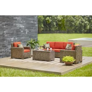 Hampton Bay Laguna Point 4-Piece Brown Wicker Outdoor Patio Deep Seating Set with CushionGuard Quarry Red Cushions