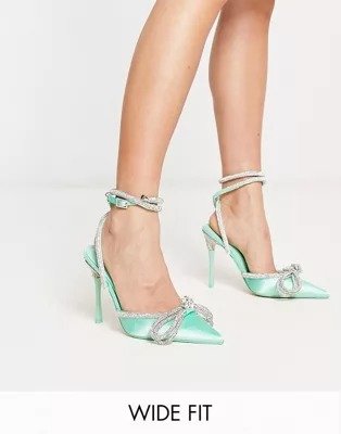 Exclusive Midnight bow heel shoes in pale green satin