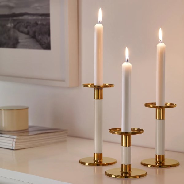 GLITTRIG Candlestick, set of 3, ivory, gold - IKEA