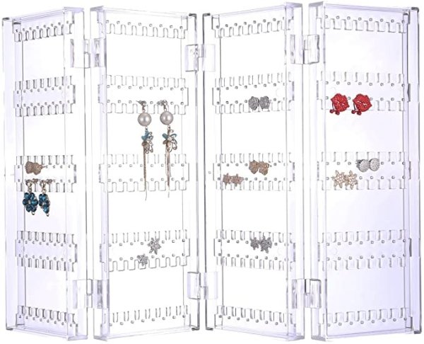 256 Holes 5 Tiers Acrylic Earrings Holder 4 Doors Foldable Necklace Hanging Jewelry Organizer Double Sided Stand Display,Clear