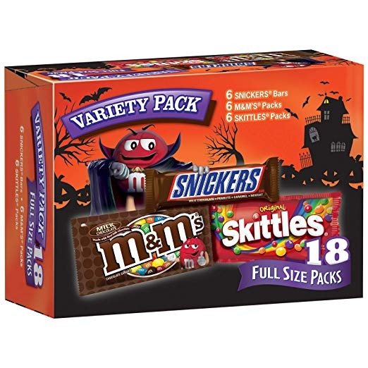 SNICKERS, M&M'S & SKITTLES Halloween Chocolate Candy, Full Size, Variety Mix, 18 Count 34.32-Ounce Box