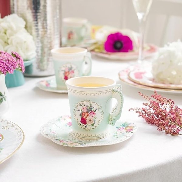 Talking Tables TS6-CUPSET Disposable Truly Scrumptious Party Vintage Floral Tea Cups and Saucer Sets, Mint Green