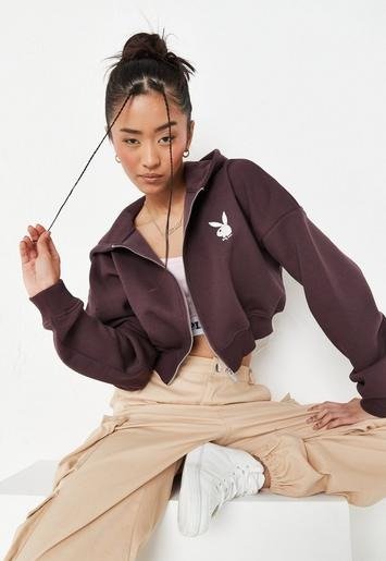 - Playboy xChocolate Zip Through Cropped Hoodie