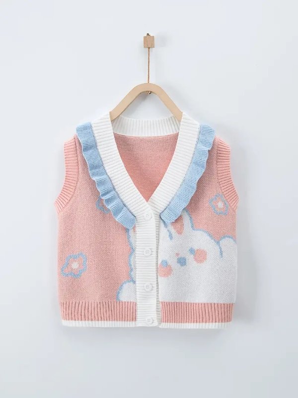 Girls Casual Cute Cartoon Rabbit Knit Ruffled Sweater Vest Jacket For Autumn And Spring Kids Clothes - Clothing, Shoes & Jewelry - Temu