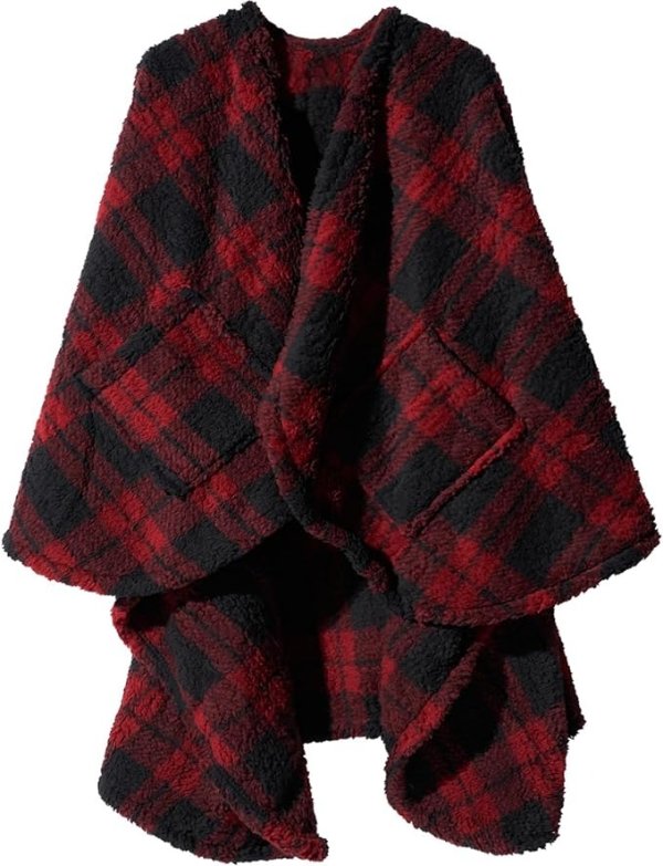 Royoliving Fuzzy Sherpa Wearable Fleece Blanket with Pockets for Adults, Ultra Soft Plush Shawl TV Throw Checkered Blankets (Plaid Red, 50'' x 60'')