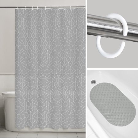 Marvelous Marble Geo Pattern 14-Piece Bath Set: PEVA Shower Curtain, Tub Mat and Shower Hooks
