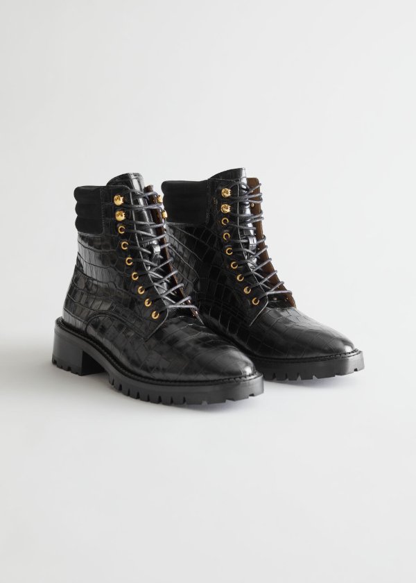 Croc Embossed Chunky Leather Boots