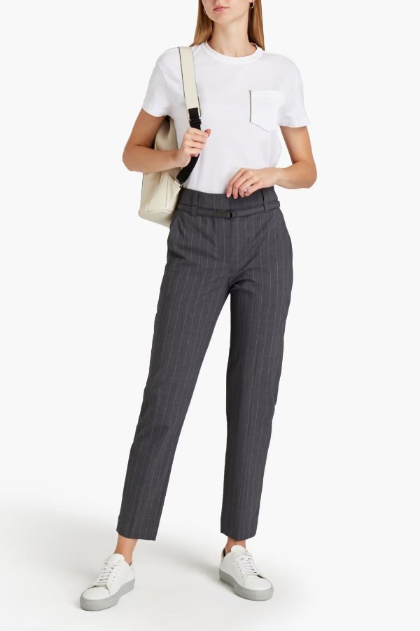 Bead-embellished pinstriped wool-blend tapered pants