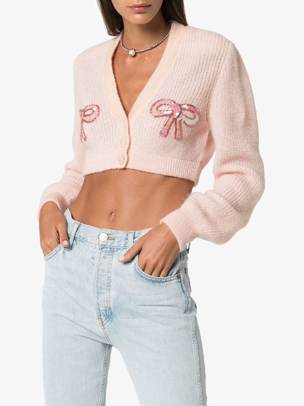 bow applique cropped cardigan