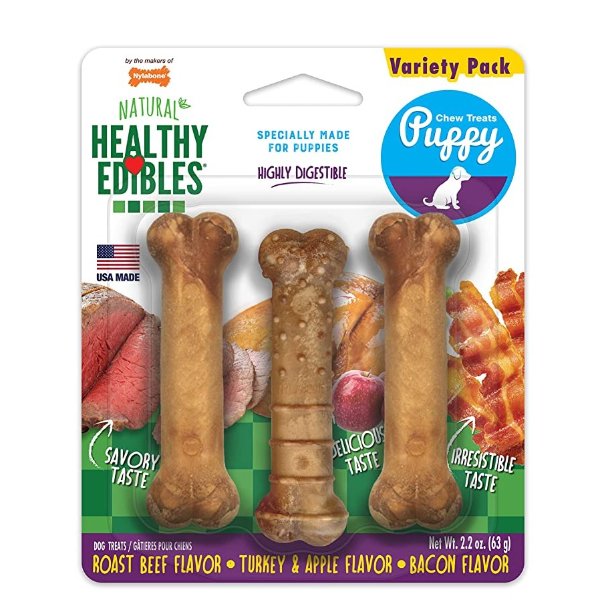 Healthy Edibles Puppy Natural Long Lasting Dog Chew Treats Roast Beef, Turkey & Apple, & Bacon X-Small/Petite (3 Count)