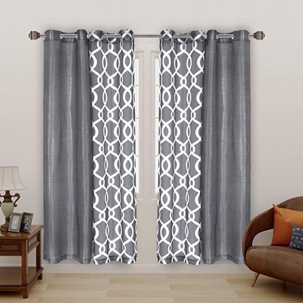 Mix and Match Curtain - 2 Pieces Moroccan Print Sheer Curtains and 2 Pieces Faux Dupioni Silk Curtains for bedroom Living room Grommet Window Curtains Set of 4 panels (27x84/Panel, Light Grey)