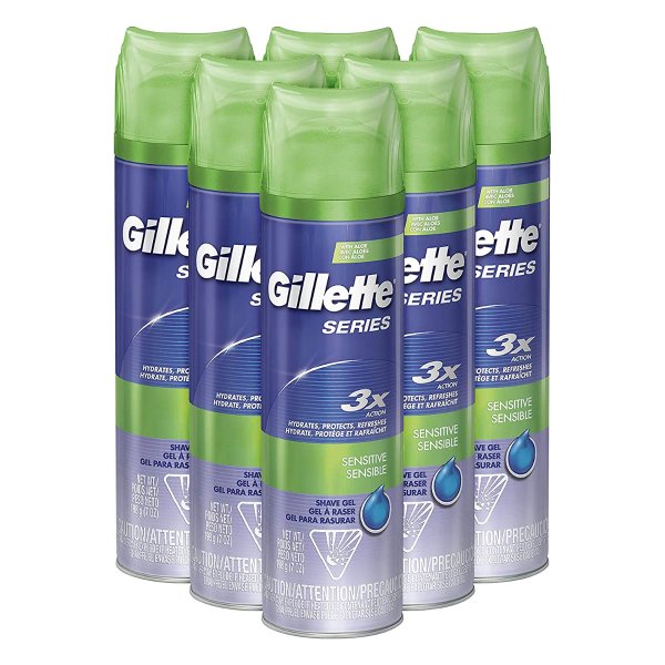 Gillette Series 3X Action Shave Gel, Sensitive, 7 Ounce (Pack of 6)