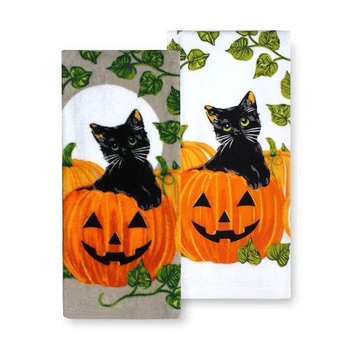 Celebrate Halloween Together Black Cat Pumpkin Kitchen Towel 2-pk.