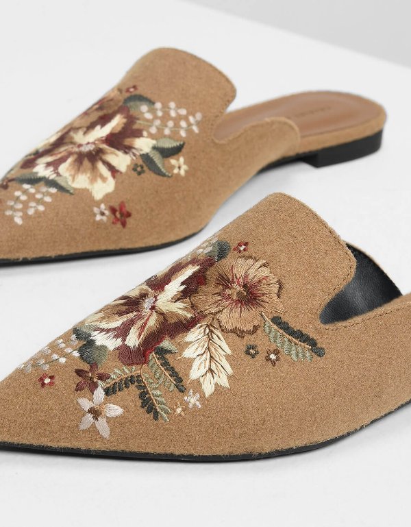 Beige Floral Embroidery Slip Ons | CHARLES & KEITH