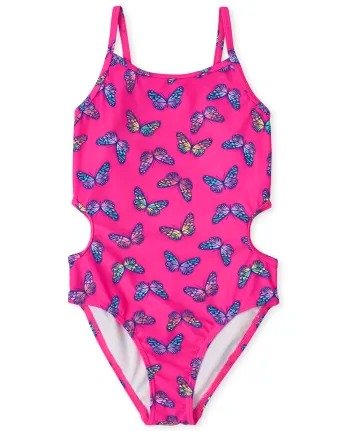 Girls Sleeveless Butterfly Print Cut Out One Piece Swimsuit | The Children's Place - NEON PINKSIZZLE