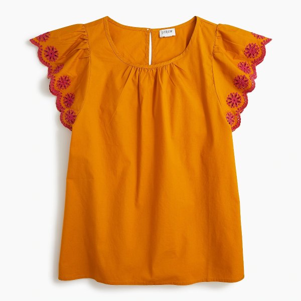 Embroidered flutter-sleeve blouse in stretch cotton poplin