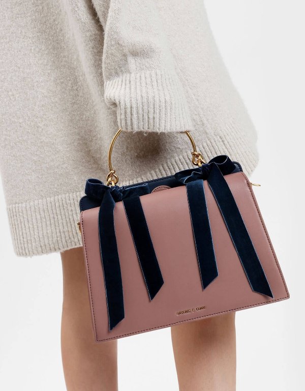 Mauve Velvet Bow Detail Handbag | CHARLES & KEITH